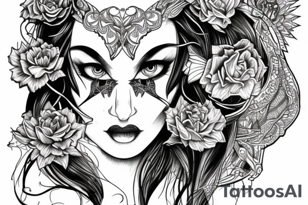 Demonic girl intense intricate elaborate expanded gorgeous stoic fierce wicked smirk tattoo idea