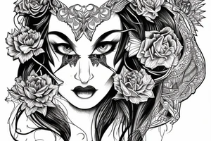 Demonic girl intense intricate elaborate expanded gorgeous stoic fierce wicked smirk tattoo idea