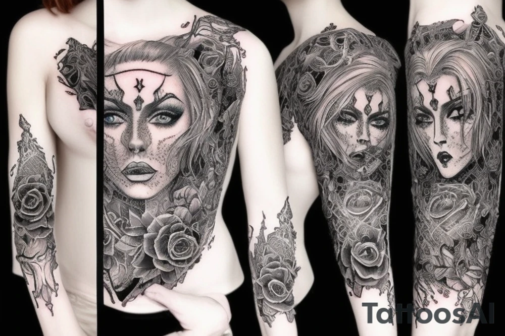Demonic girl intense intricate elaborate expanded gorgeous stoic fierce wicked smirk tattoo idea