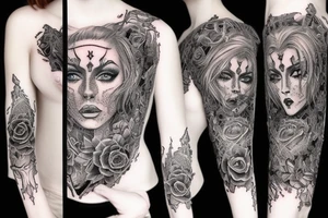 Demonic girl intense intricate elaborate expanded gorgeous stoic fierce wicked smirk tattoo idea