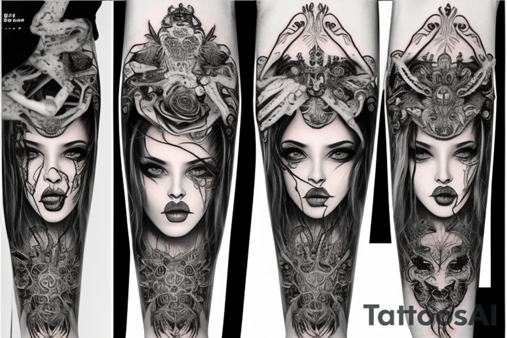 Demonic girl intense intricate elaborate expanded gorgeous stoic fierce wicked smirk tattoo idea