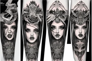 Demonic girl intense intricate elaborate expanded gorgeous stoic fierce wicked smirk tattoo idea