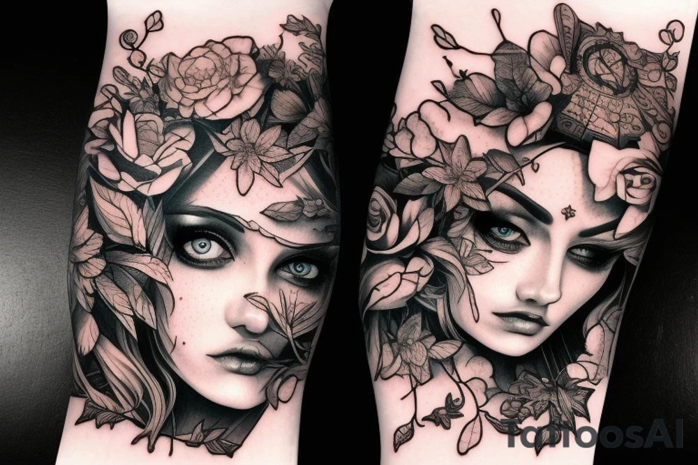 Demonic girl intense intricate elaborate expanded gorgeous stoic fierce wicked smirk tattoo idea