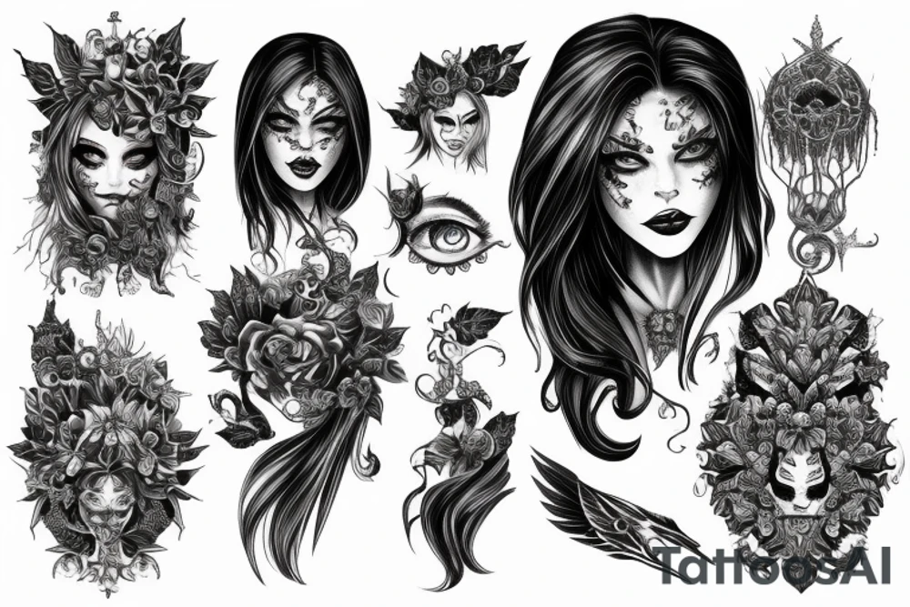 Demonic girl intense intricate elaborate expanded gorgeous stoic fierce wicked smirk tattoo idea