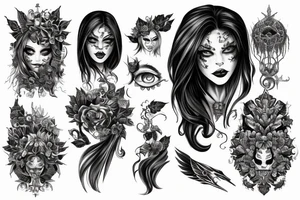 Demonic girl intense intricate elaborate expanded gorgeous stoic fierce wicked smirk tattoo idea