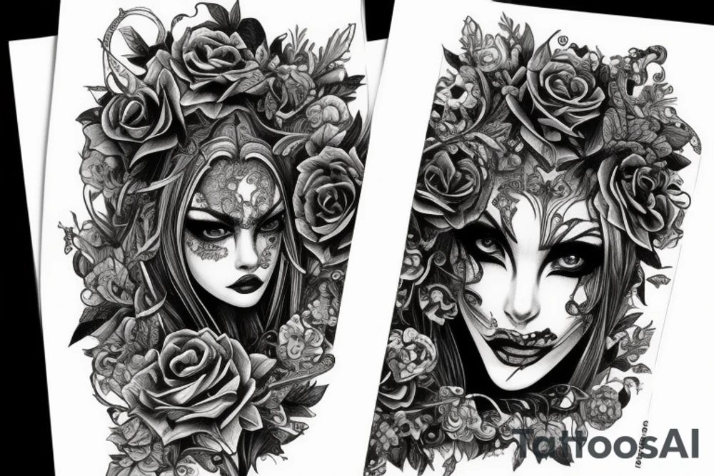 Demonic girl intense intricate elaborate expanded gorgeous stoic fierce wicked smirk tattoo idea