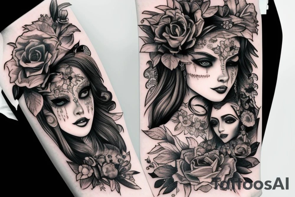 Demonic girl intense intricate elaborate expanded gorgeous stoic fierce wicked smirk tattoo idea