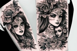 Demonic girl intense intricate elaborate expanded gorgeous stoic fierce wicked smirk tattoo idea
