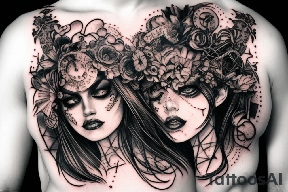 Demonic girl intense intricate elaborate expanded gorgeous stoic fierce wicked smirk tattoo idea
