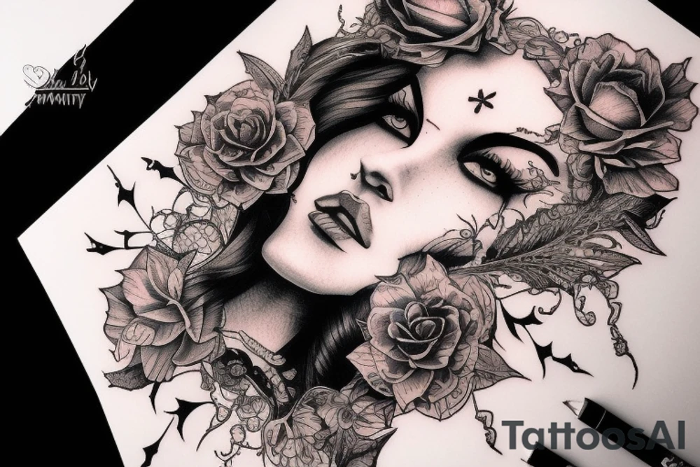 Demonic girl intense intricate elaborate expanded gorgeous stoic fierce wicked smirk tattoo idea