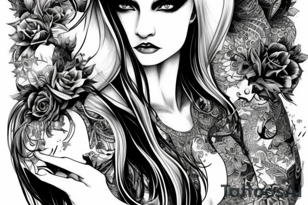 Demonic girl intense intricate elaborate expanded gorgeous stoic fierce wicked smirk tattoo idea