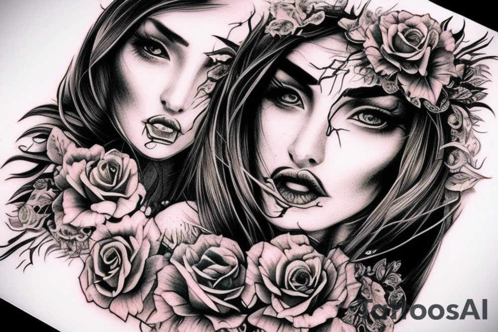 Demonic girl intense intricate elaborate expanded gorgeous stoic fierce wicked smirk tattoo idea