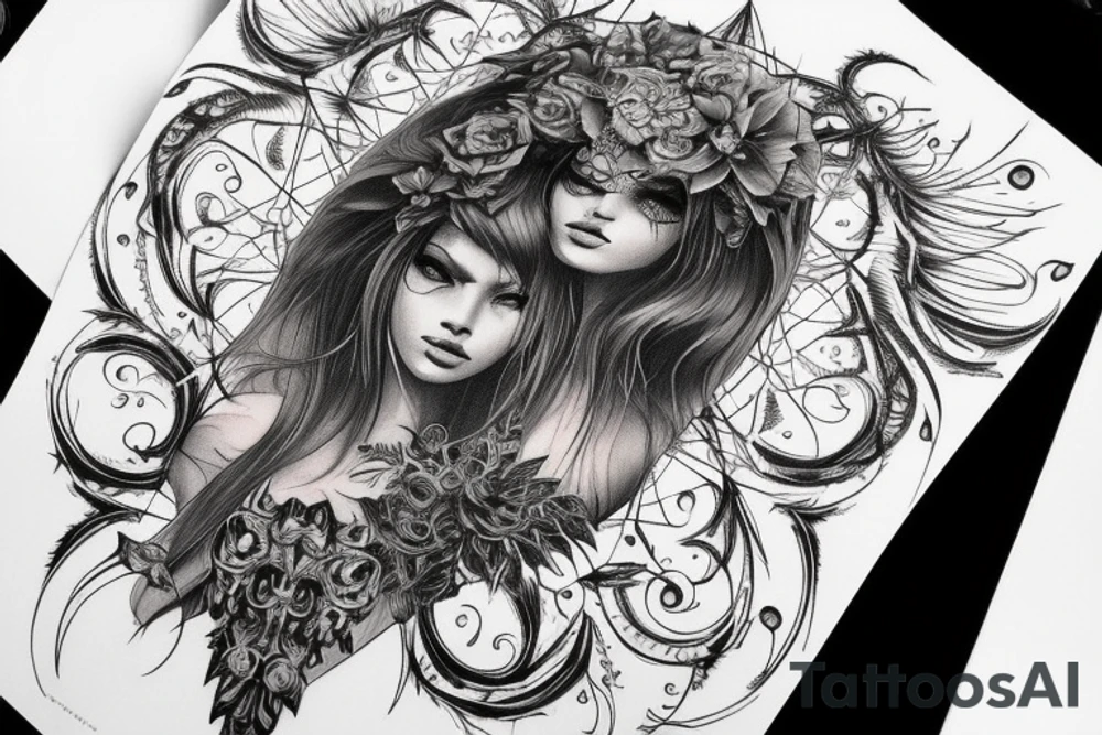 Demonic girl intense intricate elaborate expanded gorgeous stoic fierce wicked smirk tattoo idea