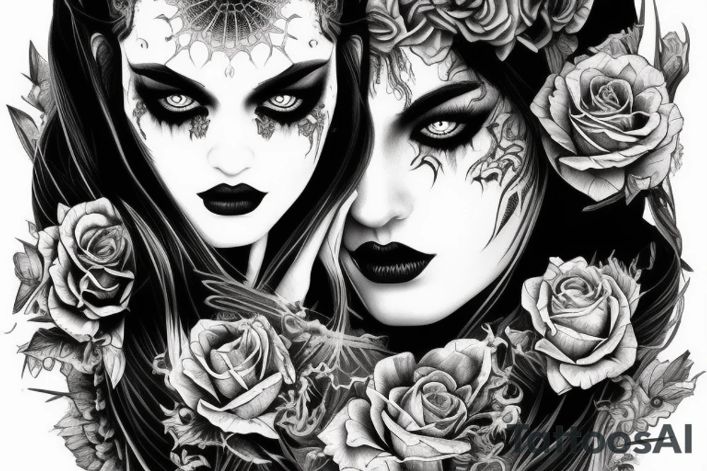 Demonic girl intense intricate elaborate expanded gorgeous stoic fierce wicked smirk tattoo idea