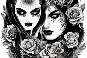 Demonic girl intense intricate elaborate expanded gorgeous stoic fierce wicked smirk tattoo idea