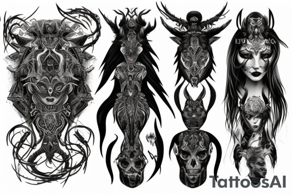 Intense Demonic woman Aura black smokey runic elaborate intricate expanded comprehensive tribalistic feral tattoo idea