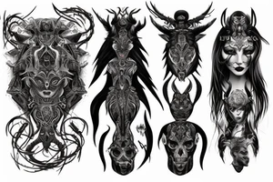 Intense Demonic woman Aura black smokey runic elaborate intricate expanded comprehensive tribalistic feral tattoo idea
