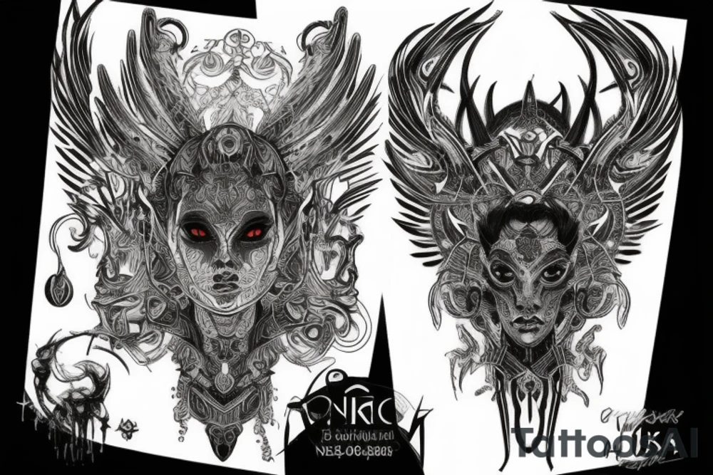 Intense Demonic woman Aura black smokey runic elaborate intricate expanded comprehensive tribalistic feral tattoo idea