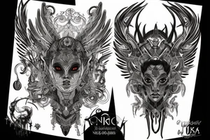 Intense Demonic woman Aura black smokey runic elaborate intricate expanded comprehensive tribalistic feral tattoo idea