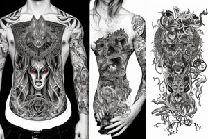 Intense Demonic woman Aura black smokey runic elaborate intricate expanded comprehensive tribalistic feral tattoo idea