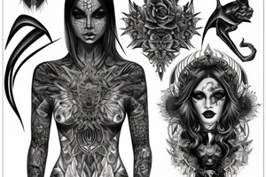Intense Demonic woman Aura black smokey runic elaborate intricate expanded comprehensive tribalistic feral tattoo idea