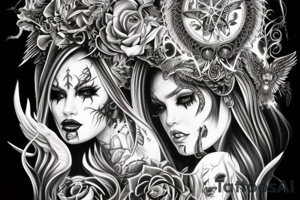 Intense Demonic woman Aura black smokey runic elaborate intricate expanded comprehensive tribalistic feral tattoo idea