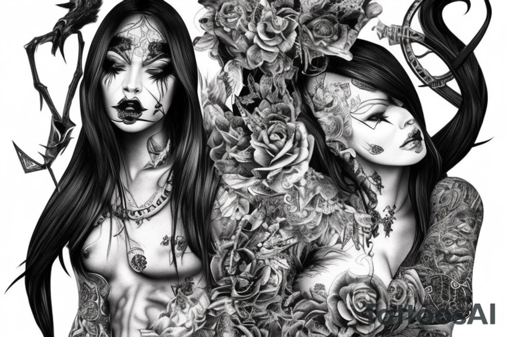 Intense Demonic woman Aura black smokey runic elaborate intricate expanded comprehensive tribalistic feral tattoo idea