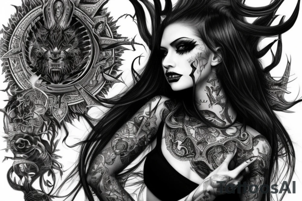 Intense Demonic woman Aura black smokey runic elaborate intricate expanded comprehensive tribalistic feral tattoo idea