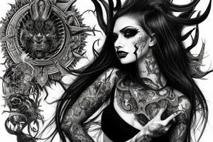Intense Demonic woman Aura black smokey runic elaborate intricate expanded comprehensive tribalistic feral tattoo idea