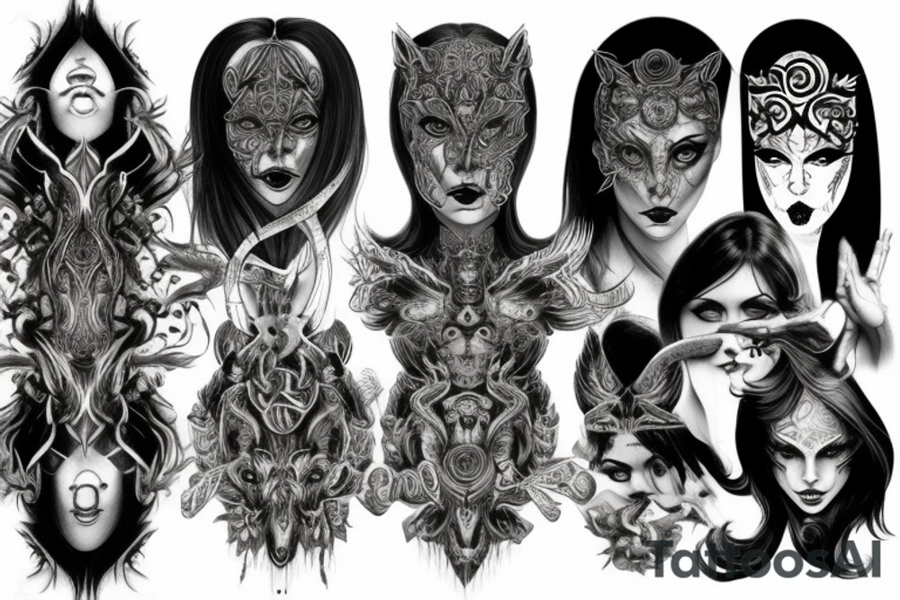 Intense Demonic woman Aura black smokey runic elaborate intricate expanded comprehensive tribalistic feral tattoo idea