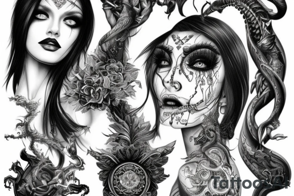 Intense Demonic woman Aura black smokey runic elaborate intricate expanded comprehensive tribalistic feral tattoo idea