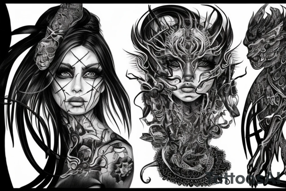 Intense Demonic woman Aura black smokey runic elaborate intricate expanded comprehensive eldritch feral tattoo idea