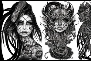 Intense Demonic woman Aura black smokey runic elaborate intricate expanded comprehensive eldritch feral tattoo idea