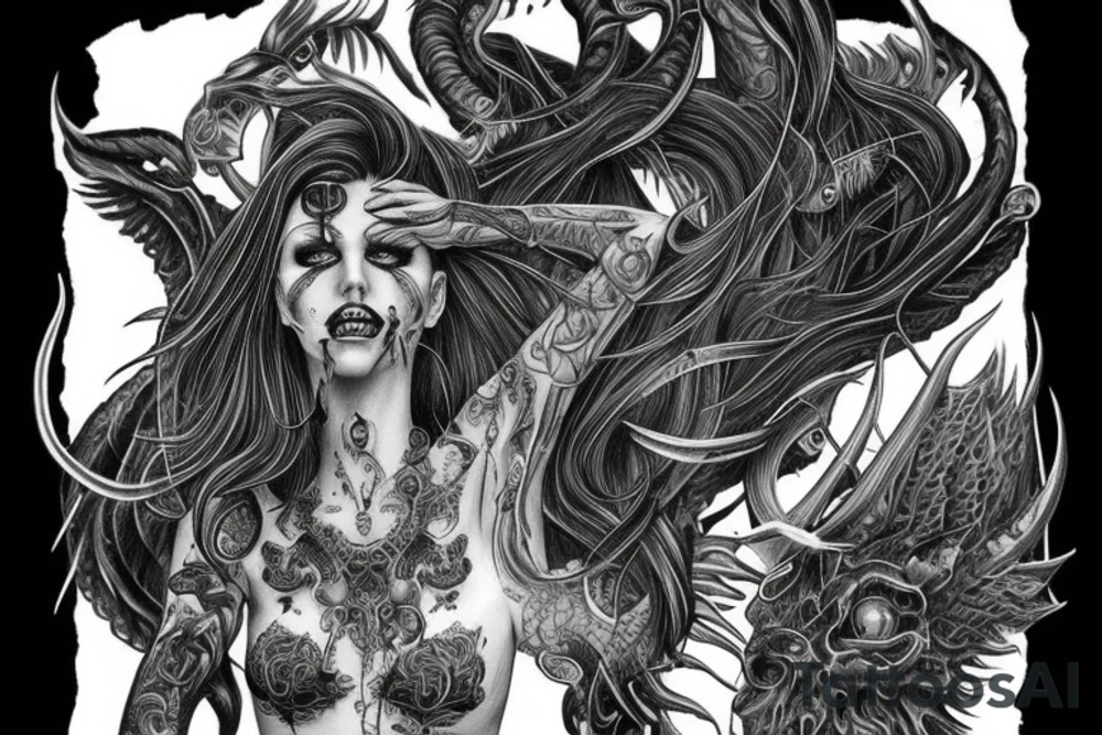 Intense Demonic woman Aura black smokey runic elaborate intricate expanded comprehensive eldritch feral tattoo idea