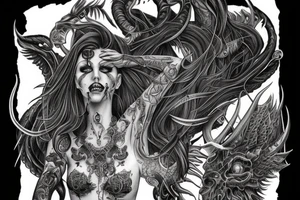 Intense Demonic woman Aura black smokey runic elaborate intricate expanded comprehensive eldritch feral tattoo idea