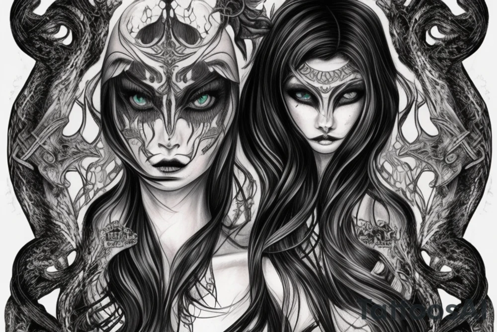 Intense Demonic woman Aura black smokey runic elaborate intricate expanded comprehensive eldritch feral tattoo idea