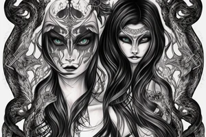 Intense Demonic woman Aura black smokey runic elaborate intricate expanded comprehensive eldritch feral tattoo idea