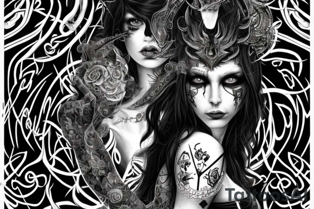 Intense Demonic woman Aura black smokey runic elaborate intricate expanded comprehensive eldritch feral tattoo idea