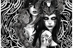 Intense Demonic woman Aura black smokey runic elaborate intricate expanded comprehensive eldritch feral tattoo idea