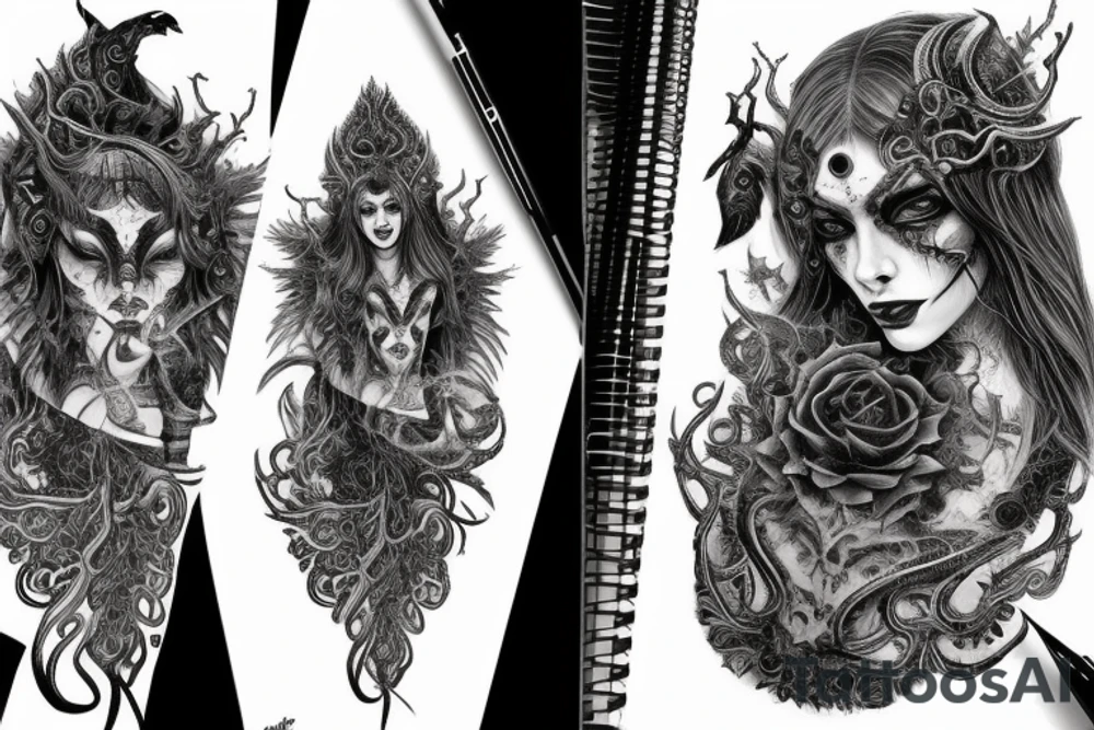 Intense Demonic woman Aura black smokey runic elaborate intricate expanded comprehensive eldritch feral tattoo idea