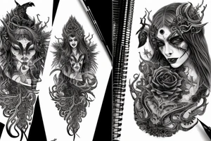 Intense Demonic woman Aura black smokey runic elaborate intricate expanded comprehensive eldritch feral tattoo idea
