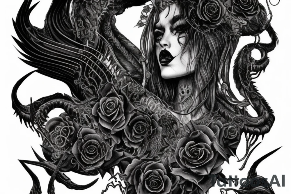 Intense Demonic woman Aura black smokey runic elaborate intricate expanded comprehensive eldritch feral tattoo idea