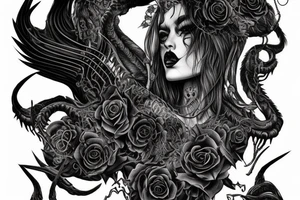 Intense Demonic woman Aura black smokey runic elaborate intricate expanded comprehensive eldritch feral tattoo idea