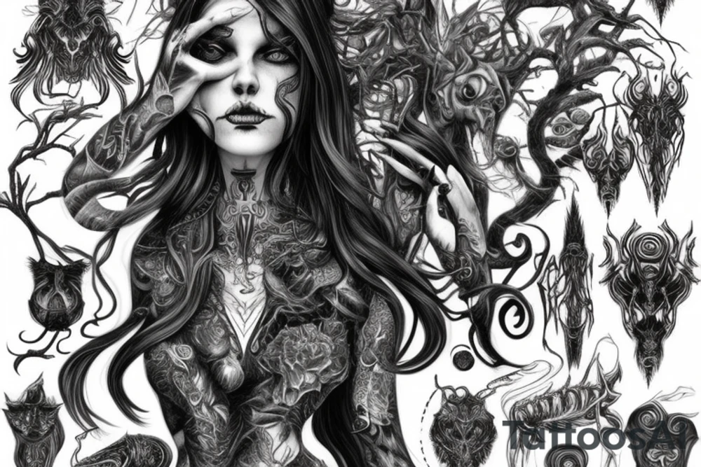 Intense Demonic woman Aura black smokey runic elaborate intricate expanded comprehensive eldritch feral tattoo idea