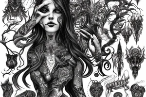 Intense Demonic woman Aura black smokey runic elaborate intricate expanded comprehensive eldritch feral tattoo idea