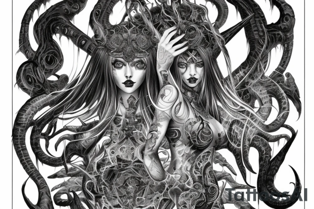Intense Demonic woman Aura black smokey runic elaborate intricate expanded comprehensive eldritch feral tattoo idea