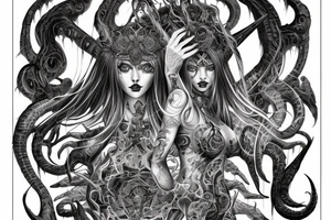 Intense Demonic woman Aura black smokey runic elaborate intricate expanded comprehensive eldritch feral tattoo idea