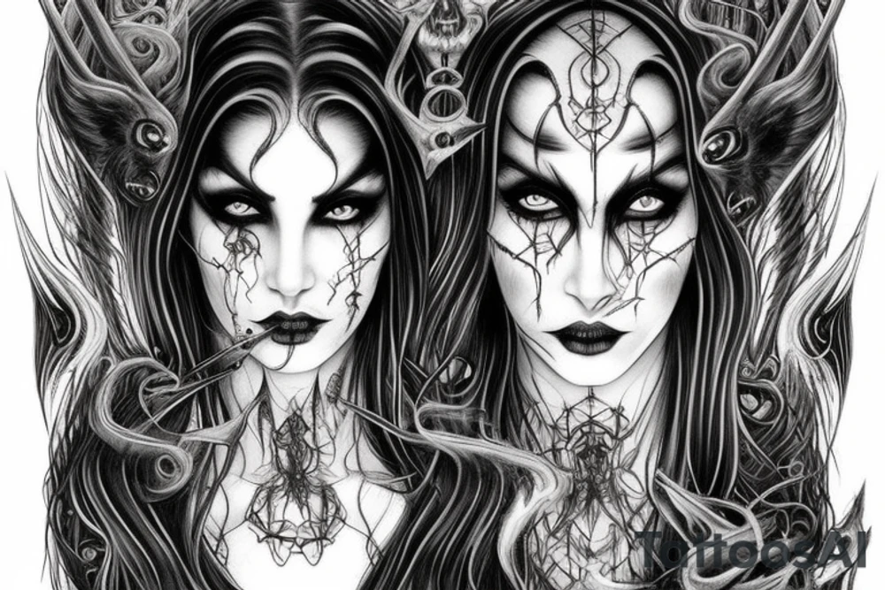 Intense Demonic woman Aura black smokey runic elaborate intricate expanded comprehensive eldritch feral tattoo idea