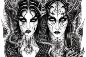 Intense Demonic woman Aura black smokey runic elaborate intricate expanded comprehensive eldritch feral tattoo idea