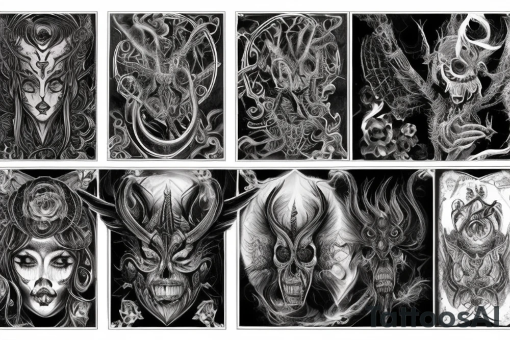 Intense Demonic woman Aura black smokey runic elaborate intricate expanded comprehensive eldritch feral tattoo idea